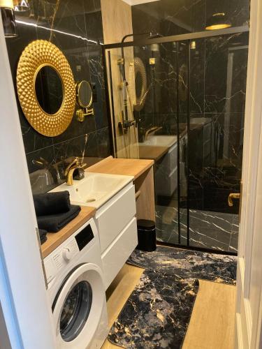 a bathroom with a washing machine and a shower at LILI Deluxe Apartman in Tapolca