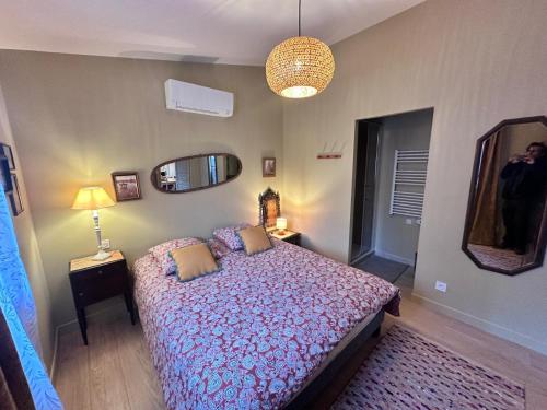 a bedroom with a bed and a lamp and a mirror at L'annexe du vigneron in Châtillon-sur-Cher