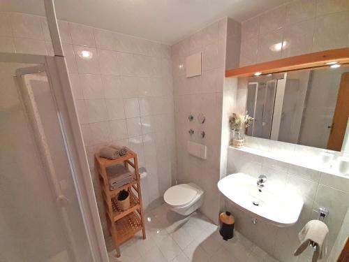 a bathroom with a white toilet and a sink at Bauernhof Landsamer in Aschau im Chiemgau
