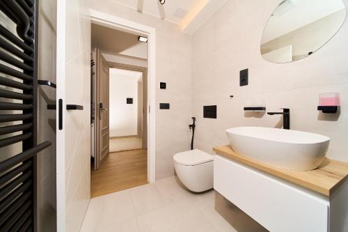a white bathroom with a sink and a toilet at Apartmány U Kovárny in Horní Blatná