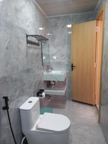 a bathroom with a toilet and a sink at Dhigurah Holidays in Dhigurah