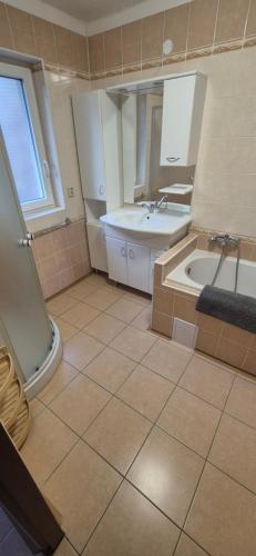 a bathroom with a tub and a sink and a bath tub at Apartmány U BERANA in Česká Lípa