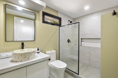 a bathroom with a toilet and a sink and a shower at Blue Ridge Retreat in Potrero