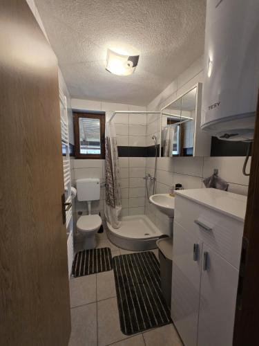 a bathroom with a sink and a toilet and a tub at Studio apartman Vrba in Otočac