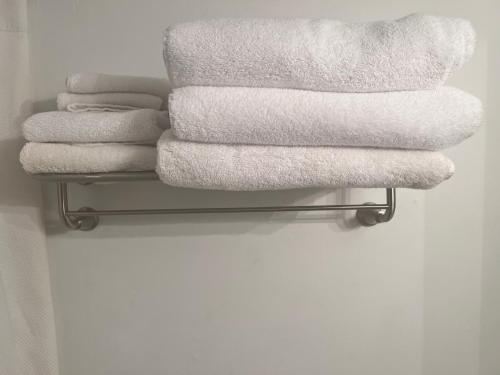 a pile of towels on a towel rack in a bathroom at Gull lake in Winnipeg