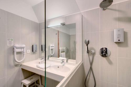 a bathroom with a sink and a shower at Les Ormes Domaine et Resort in Epiniac