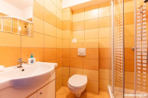 a bathroom with a sink and a toilet and a shower at Noclegi Cristal in Malbork