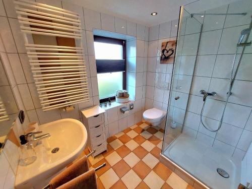 a bathroom with a shower and a sink and a toilet at Ferienwohnung Eifelherzen in Demerath