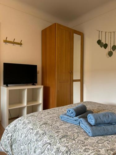 a bedroom with a bed with a tv and a cabinet at Studio chez Zhang in Differdange