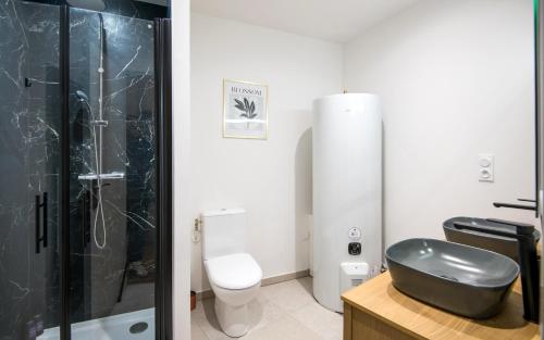 a bathroom with a shower and a sink and a toilet at Le Parvis in Rodez