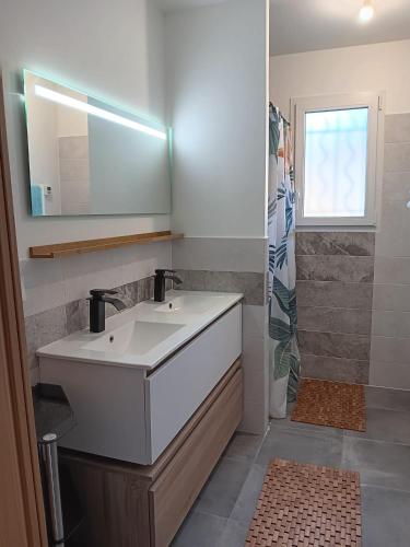 a bathroom with a sink and a mirror and a shower at Maison individuelle 6 personnes in Coux