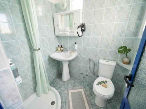 a bathroom with a toilet and a sink at Hotel BlueBalcony in Golem