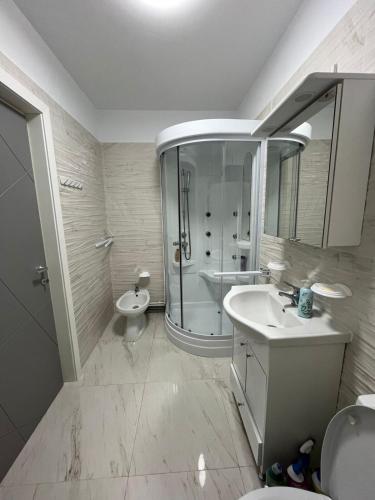 a bathroom with a shower and a sink and a toilet at Apartment White Tower Residential in Ploieşti