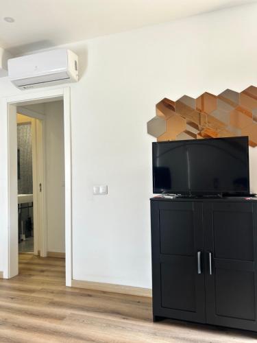 a flat screen tv sitting on top of a black cabinet at Villa Ribeirinho Stays - 4 Bedrooms in Porto