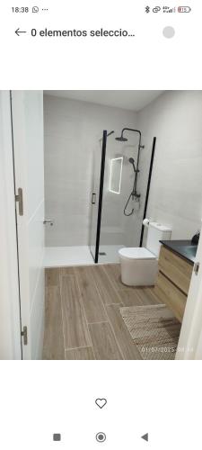a bathroom with a shower and a toilet in it at Casa do Coto in Islote de Chilreu