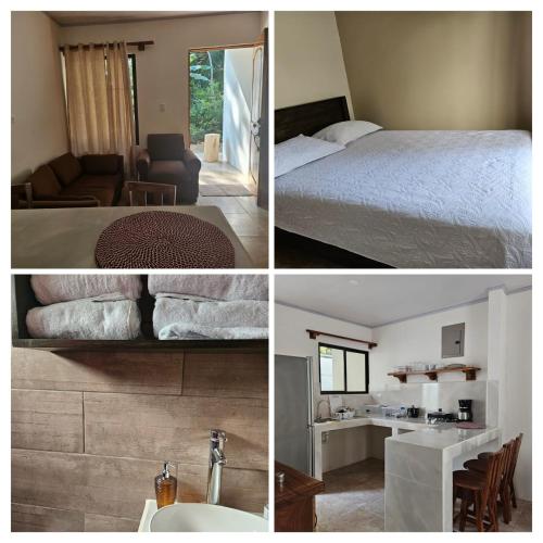 four different pictures of a bedroom and a bathroom at MarLis in Quebrada Seca