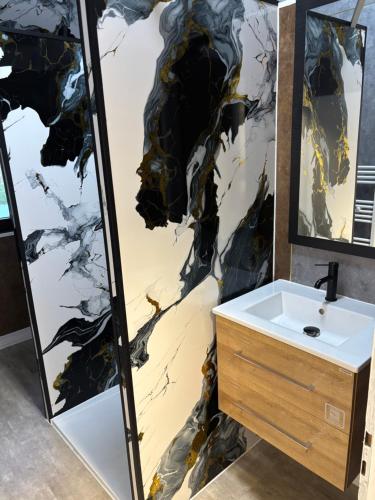a bathroom with a sink and a shower at Haus am Freilinger See Bar in Blankenheim