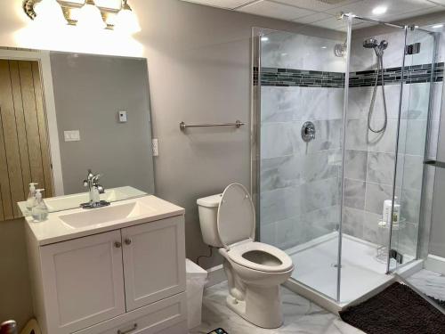 a bathroom with a shower and a toilet and a sink at 101 Harborview Drive in North Rustico