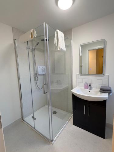 a bathroom with a shower and a sink at 2 Bed Apartment with Harbour Views Apt 2 in Cobh
