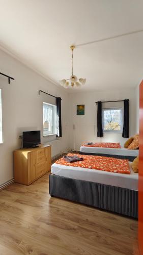 a bedroom with two beds and a television in it at Pension Horvath in Sankt Kanzian