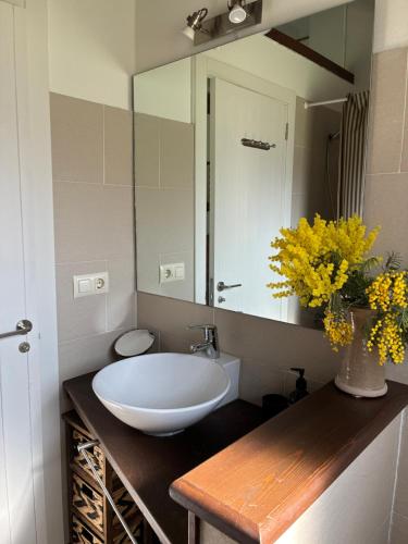 a bathroom with a white sink and a mirror at Casas do Campo in Monfero