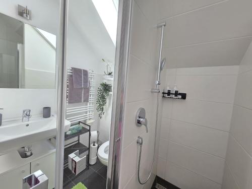 a white bathroom with a shower and a sink at Ferienwohnung Traismauer TOP 2 in Wagram an der Traisen