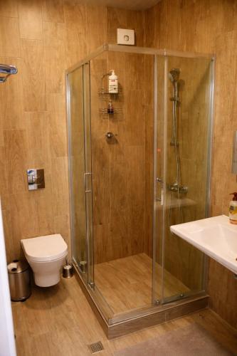 a bathroom with a shower with a toilet and a sink at Casa Centrale with Free Parking in Plovdiv
