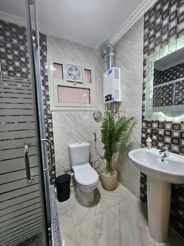 a bathroom with a toilet and a sink at Elite 3 BR Apartment in Zayed in Sheikh Zayed