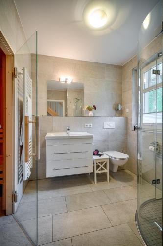 a bathroom with a sink and a toilet and a shower at Dreimäderlhaus in Prerow