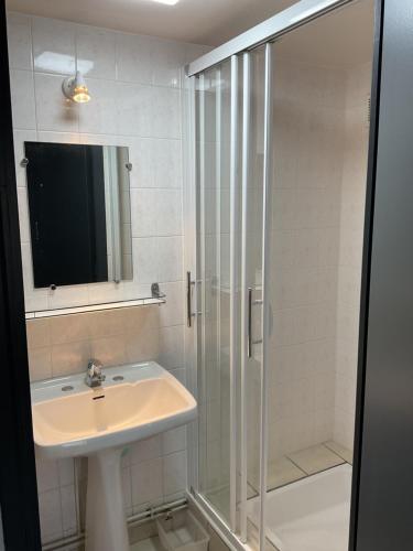 a bathroom with a sink and a glass shower at Maison 6 couchages in Le Monteil