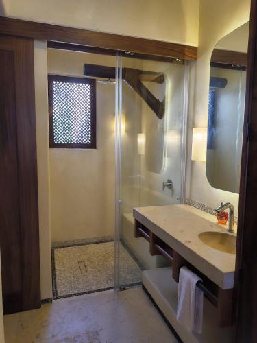 a bathroom with a shower and a sink at Oceanfront Designer Penthouse, Private Pool in Ixtapa