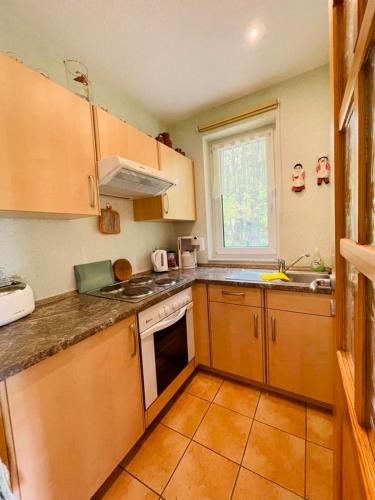 a kitchen with wooden cabinets and a stove top oven at Ferienwohnung Shar Pei in Thiessow