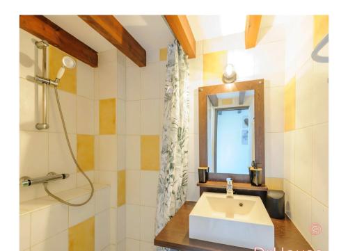 a bathroom with a sink and a mirror at maisonnette bord de mer in Royan