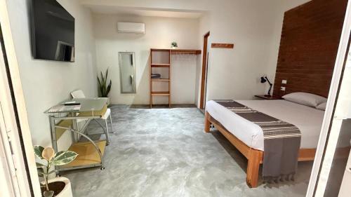 ein Schlafzimmer mit Bett, Schreibtisch und Fernseher in der Unterkunft Casa Sixta a 7min del aeropuerto internacional PMX y 2 cuadras terminal autob ADO in Puerto Escondido