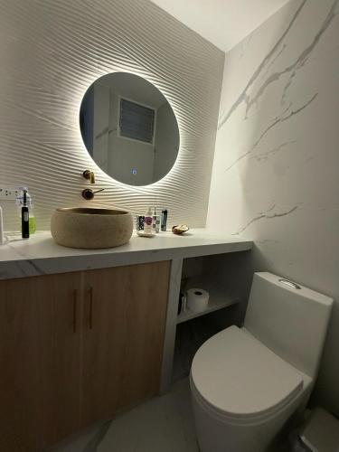 a bathroom with a toilet and a sink with a mirror at Ballestas Suite in Pisco