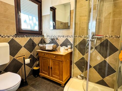 a bathroom with a shower and a toilet and a sink at Räuberlager 15 in Dammbach