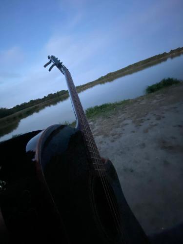 a guitar sitting next to a body of water at Le nid de la Brenne in Luant