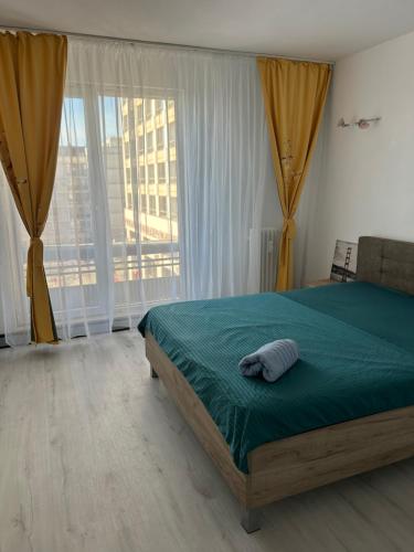 a bedroom with a bed with a pillow on it at Snug apartament in Iaşi