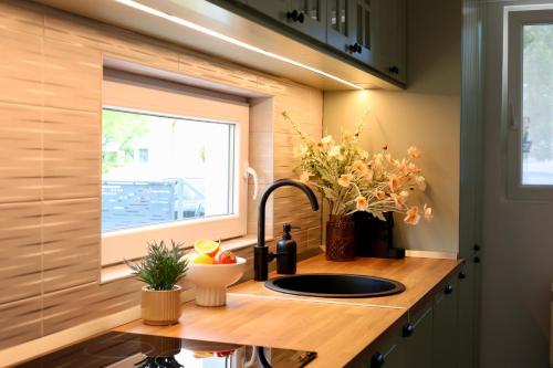 a kitchen counter with a sink and a window at Wolf House in Balatonboglár