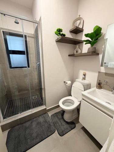 a bathroom with a shower and a toilet and a sink at Orchid Belvedere Suites 102 - The Fig in Gaborone
