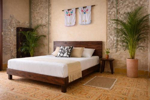 a bedroom with a bed and two potted plants at Suite Privada Origen 63 Centro Histórico Mérida in Mérida