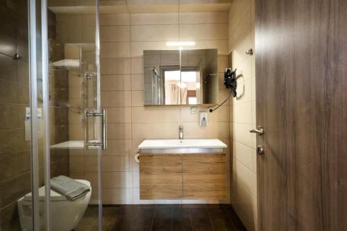 a bathroom with a sink and a toilet and a mirror at Elia Deluxe Accommodation in Kalabaka