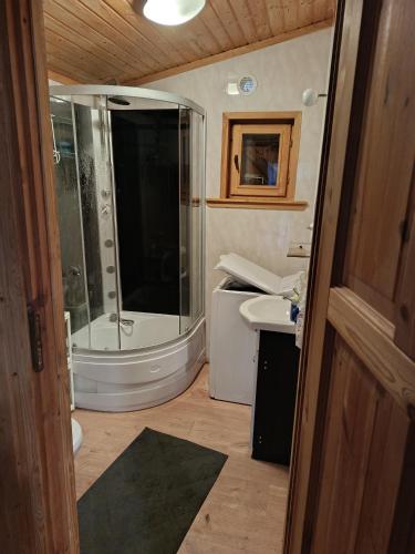 a bathroom with a shower and a sink at Domek letniskowy in Wójcin