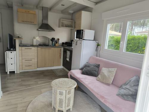a living room with a pink couch and a kitchen at Chalet en Parc résidentiel pour 4 personnes à proximité de la plage in Lit-et-Mixe