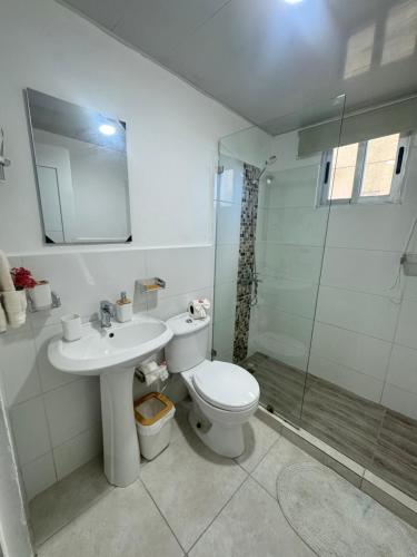 a bathroom with a toilet and a sink and a shower at Estilo y comodidad a pasos de la playa in La Romana