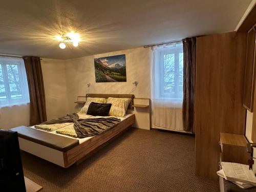 a bedroom with a bed and two windows at Taverna Unik in Saaldorf
