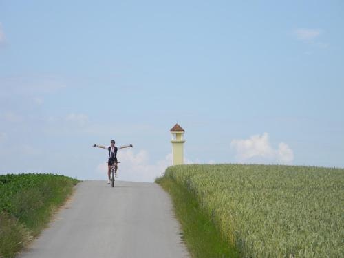 a man riding a bike down a road with a lighthouse at Donaupark Camping Tulln in Tulln