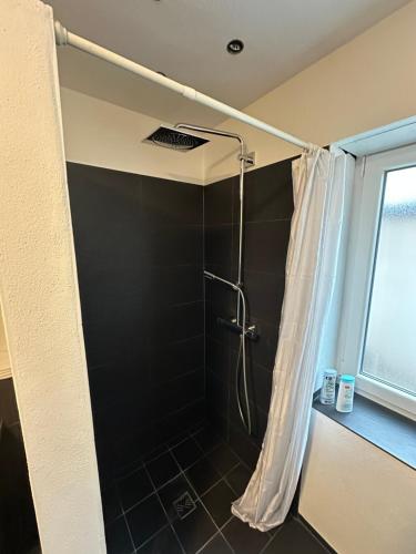 a shower with a shower curtain in a bathroom at Idyllische Wohnung in ruhiger Lage Nähe BAB A6! in Illschwang