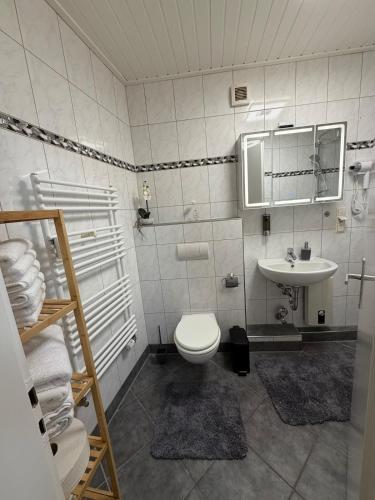 a bathroom with a toilet and a sink at Rheinperle Wesel in Wesel