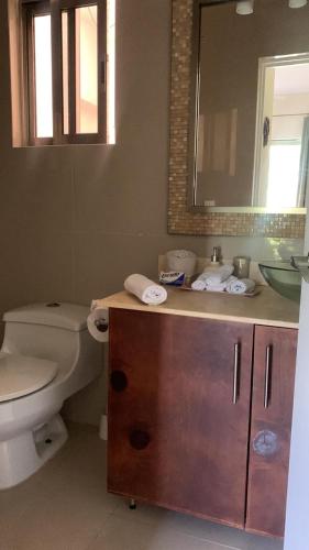 a bathroom with a toilet and a sink and a mirror at Amazing 2 bedroom condo steps from the beach! in Playa del Carmen
